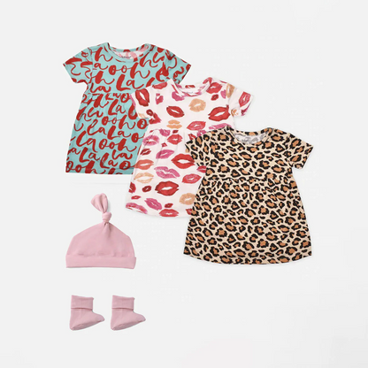 5 Piece Li'l Loves Bamboo Dress Bodysuits  + Beanie & Booties Set