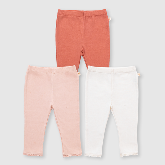 3 Pack Ribbed Leggings with Lace (Ivory, Rose Quartz, Desert Sand)