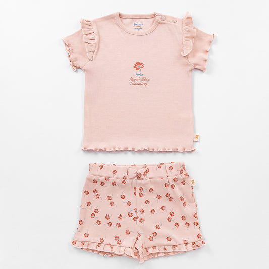 2 Piece Never Stop Blooming Ribbed Co-ord Set - Rose Quartz