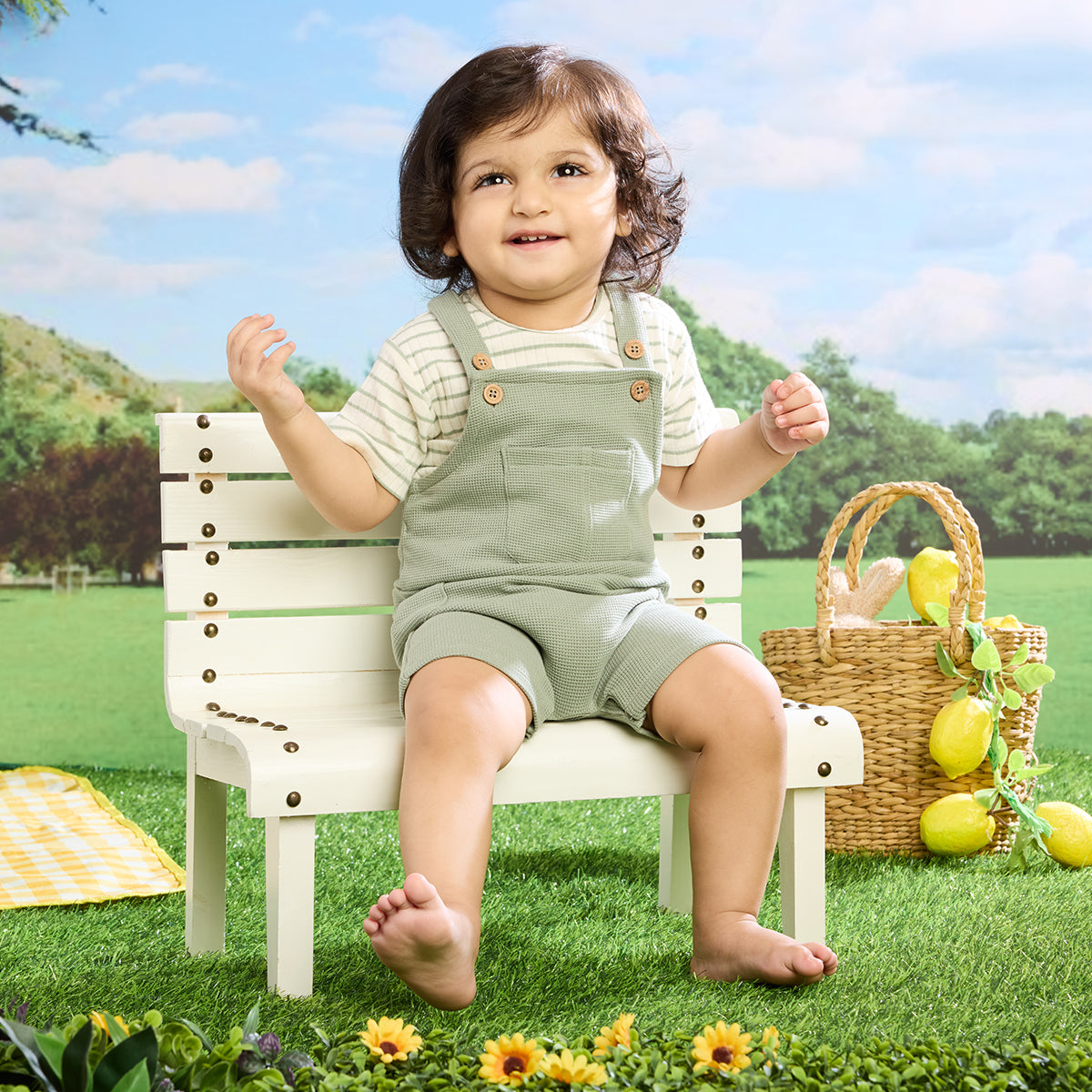 Waffle Dungaree & T-shirt Set - Iceberg Green