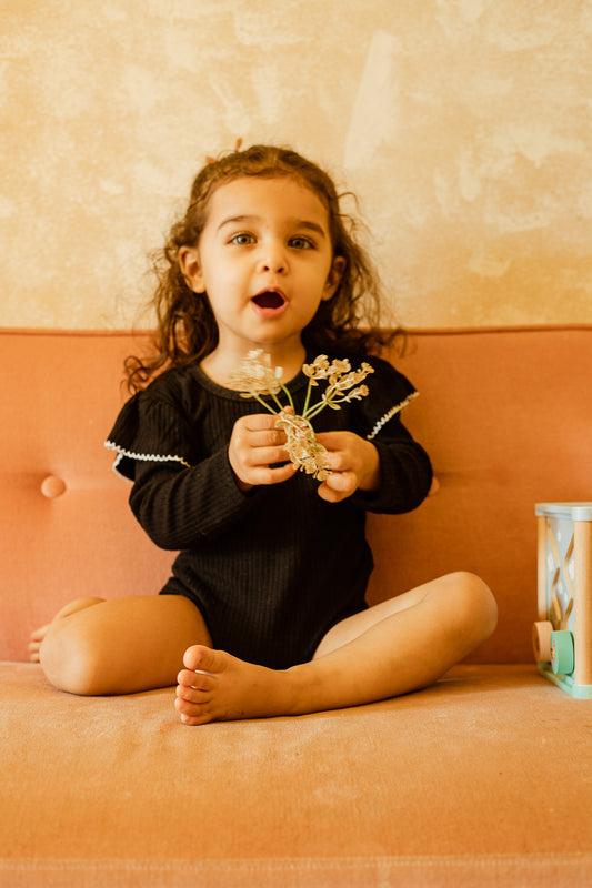 Black Bean Ribbed Bodysuit with Frills