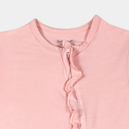 Coral Blush Ruffled Bamboo Zipper Footie