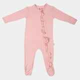 Coral Blush Ruffled Bamboo Zipper Footie