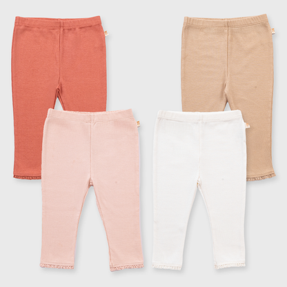 4 Pack Ribbed Leggings with Lace (Ivory, Rose Quartz, Latte, Desert Sand)