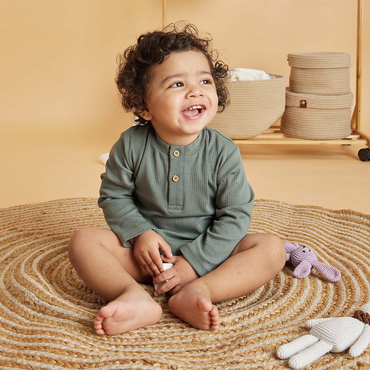 Pine Green Full Sleeve Ribbed Romper