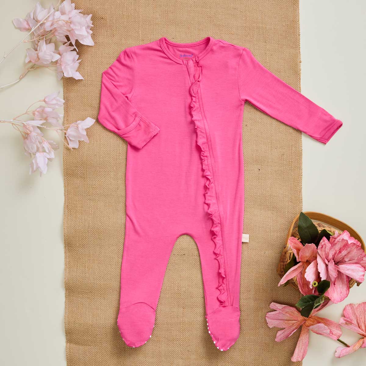 Sweet Pink Ruffled Bamboo Zipper Footie