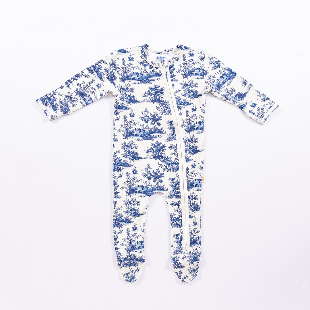 Vintage Toile Bamboo Zipper Footie