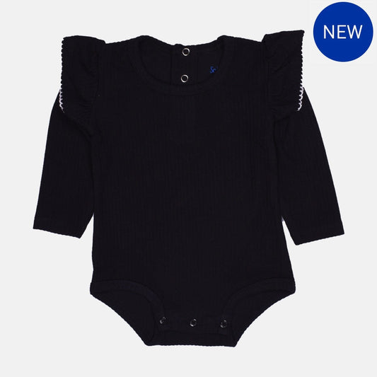 Black Bean Ribbed Bodysuit with Frills